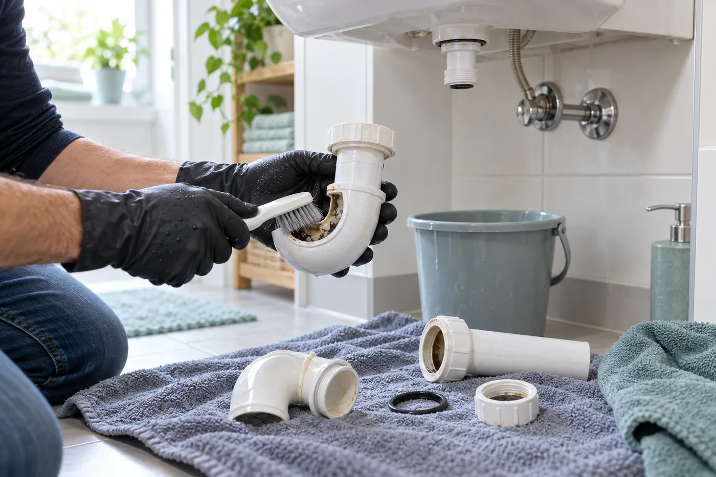 Siphon de lavabo démonté et nettoyé à la brosse lors d'un dégorgement à Dugny