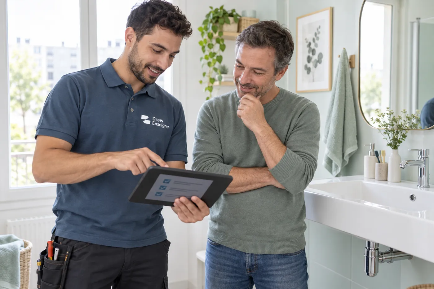 Plombier de Drew Enseigne expliquant son diagnostic sur tablette à un habitant, dans une salle de bain
