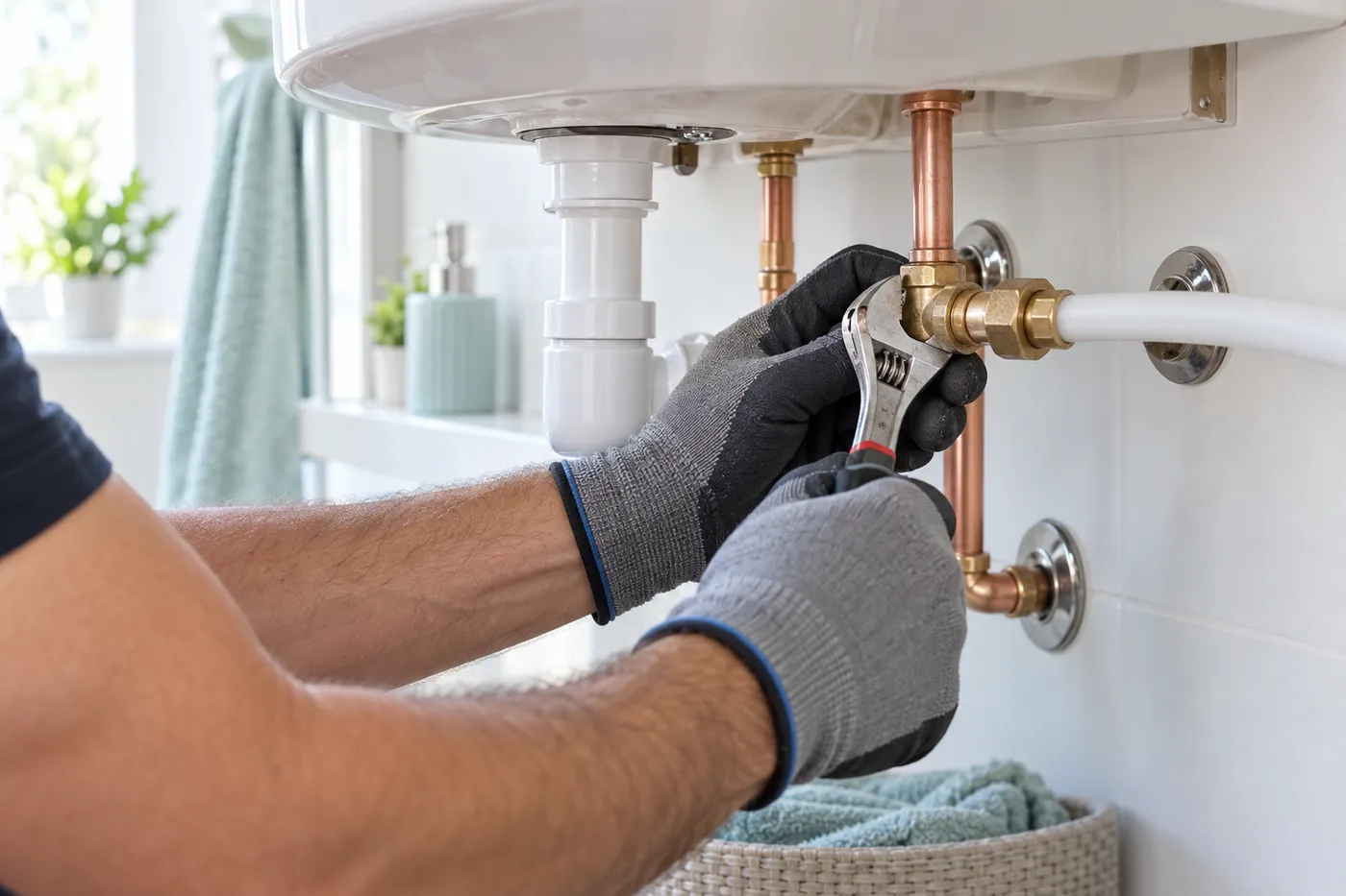 Serrage d'un raccord laiton entre tuyau cuivre et PER sous un lavabo